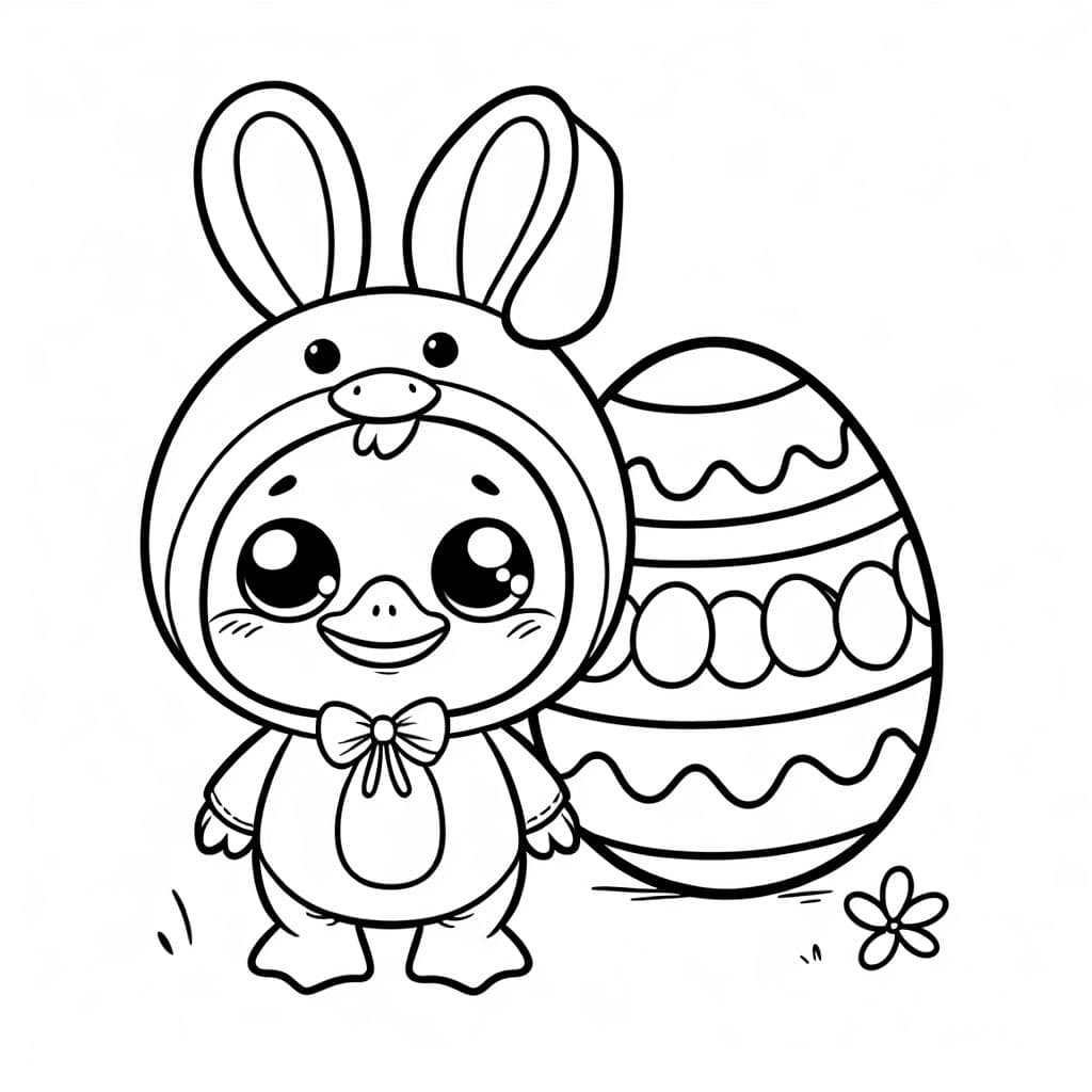 Un pato simple y lindo en un disfraz de conejo con grandes huevos de Pascua en el fondo