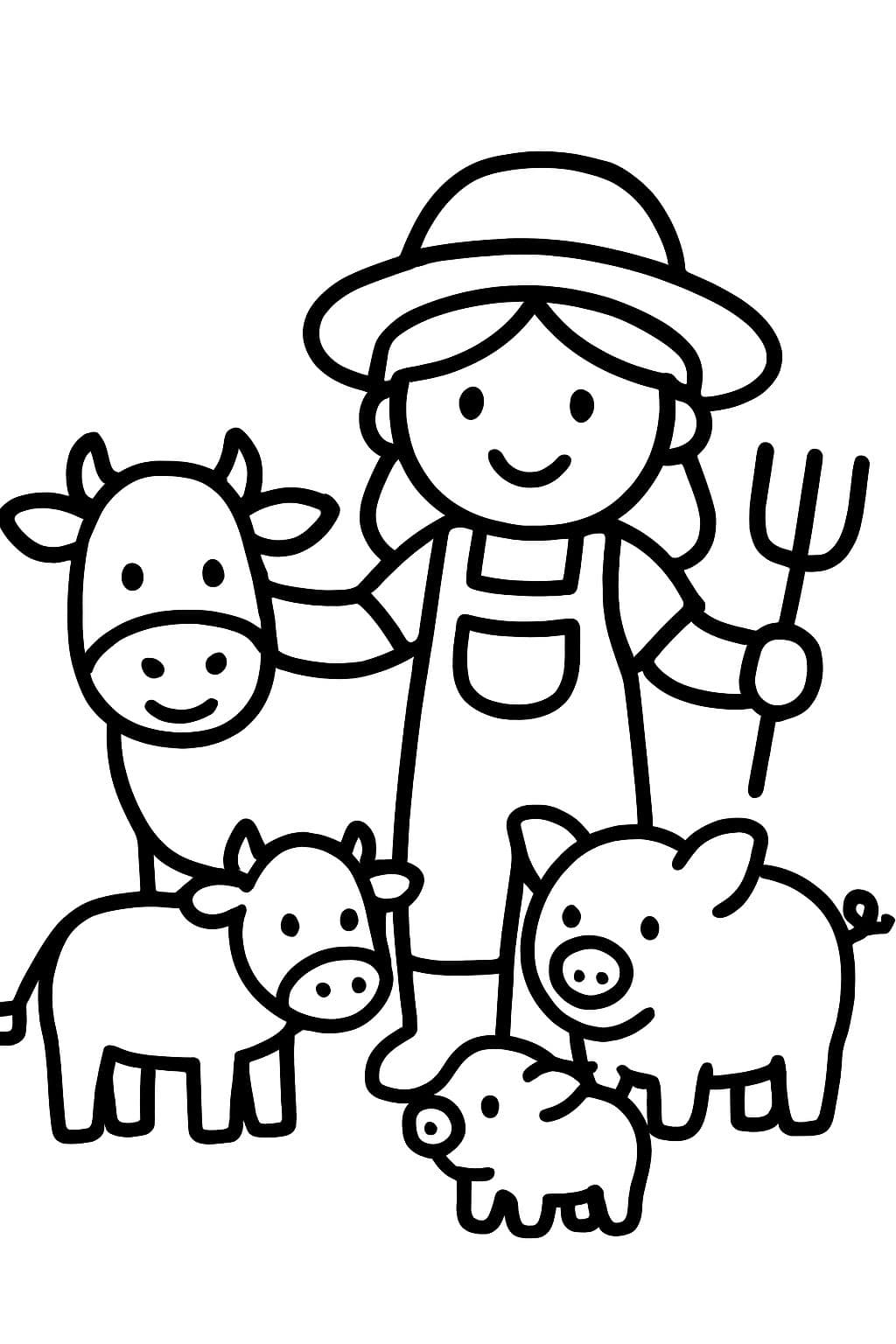 ein Mädchen Bauer, das sich um Kühe und Schweine kümmert