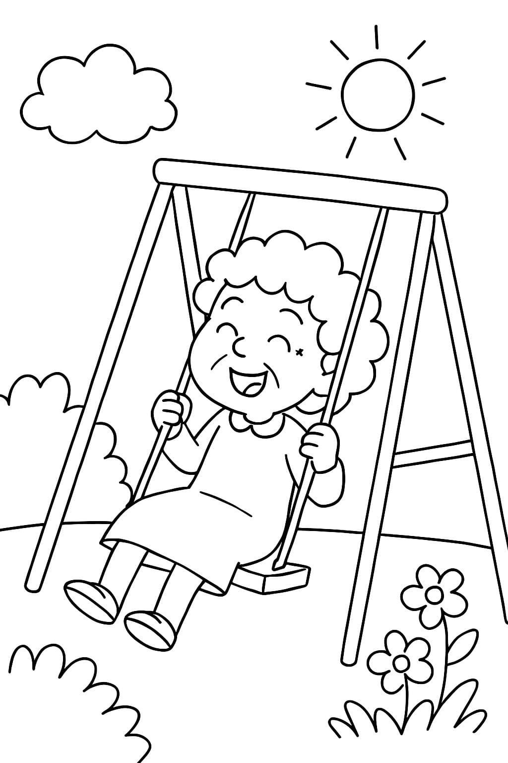 Grand-mère sans lunettes avec de longs cheveux bouclés jouant sur une balançoire