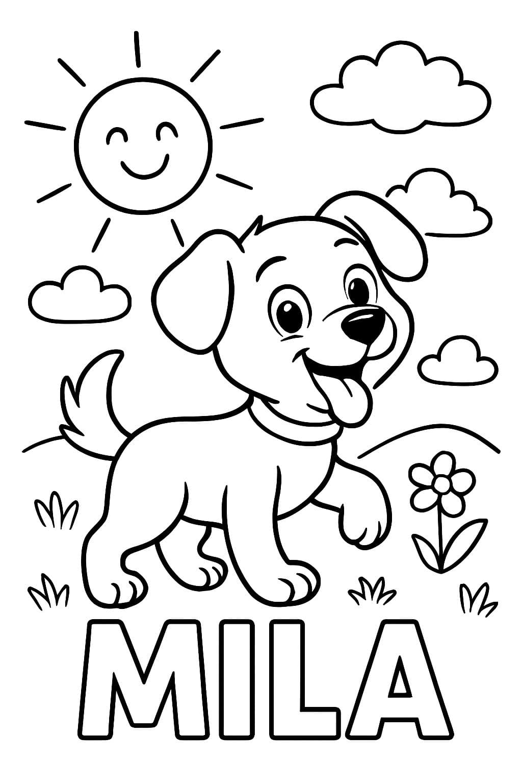 Perro al sol con el nombre Mila en la parte inferior