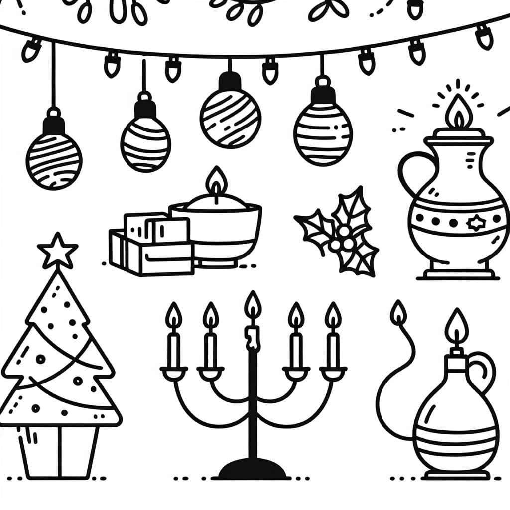 Luces de Navidad, lámpara de aceite, velas, menorá