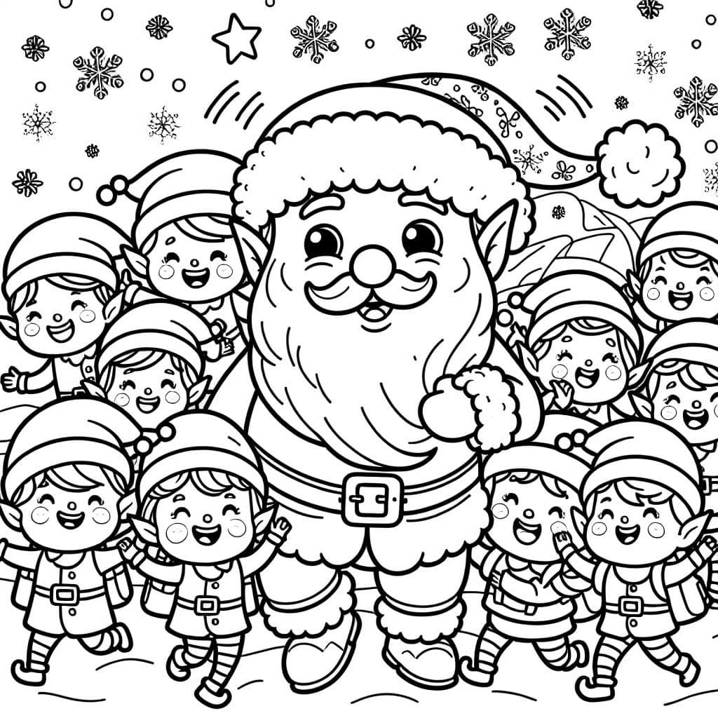 einen Weihnachtsmann mit vielen kleinen Wichteln