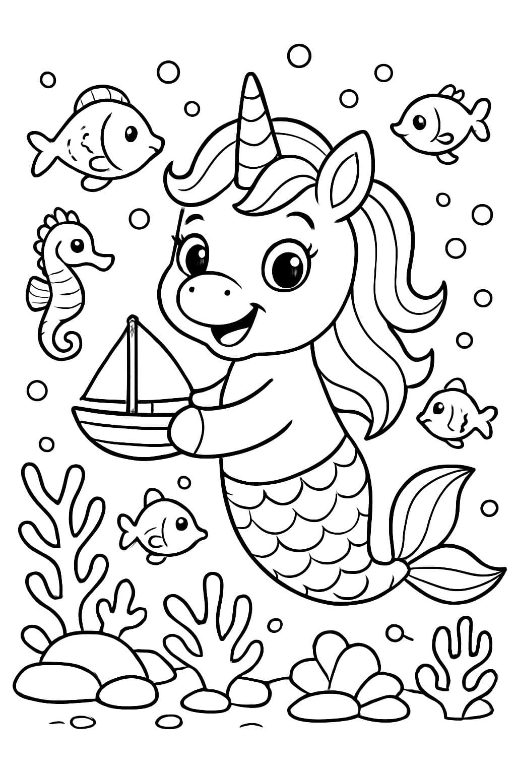 un unicornio sirena nadando entre pequeños peces y caballitos de mar, con piedras y corales en el fondo y el unicornio sirena sosteniendo un pequeño barco de vela