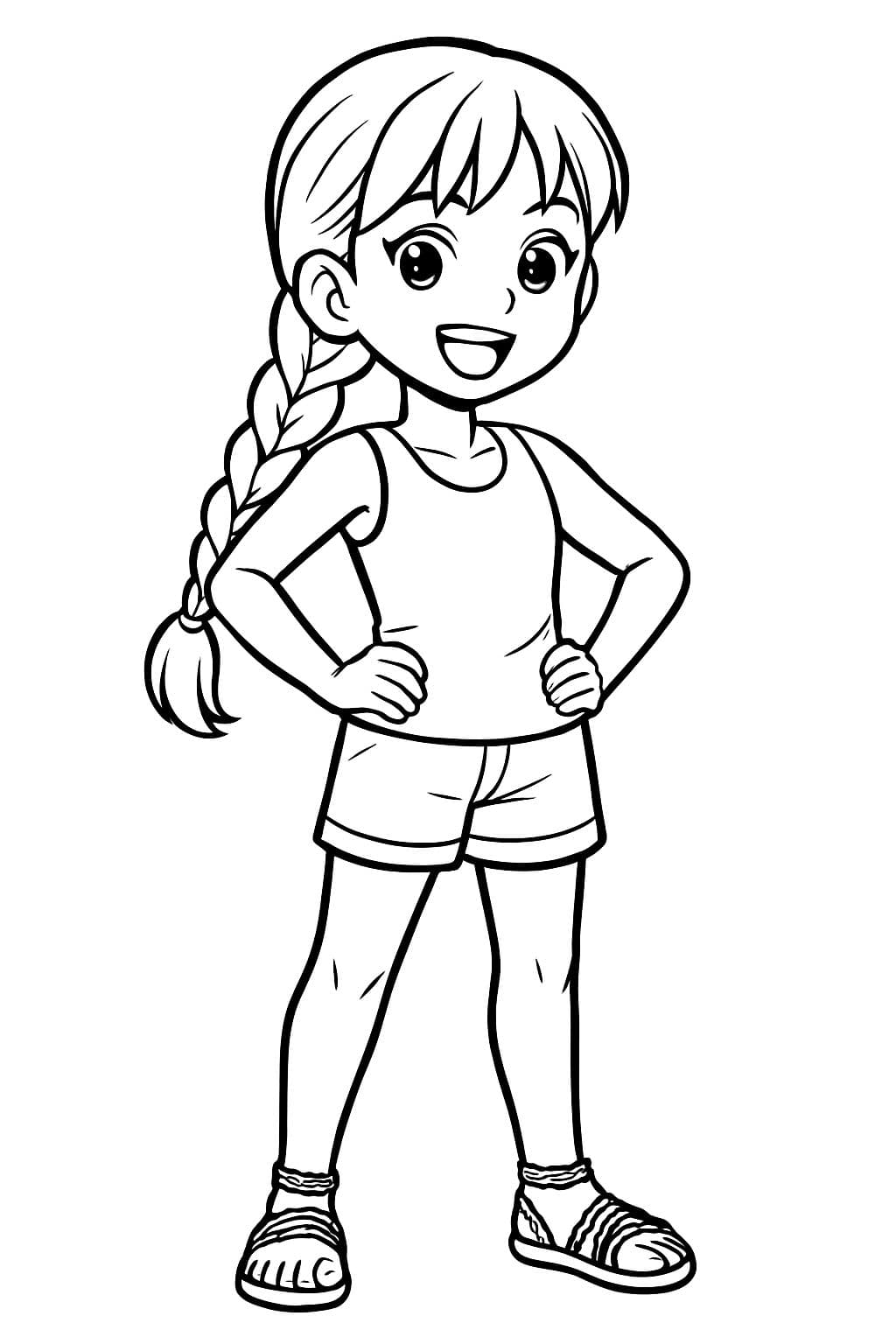I want a character, a girl with a braided hairstyle in manga style, wearing a tank top and shorts with braided sandals. With a white background and in a standing position.