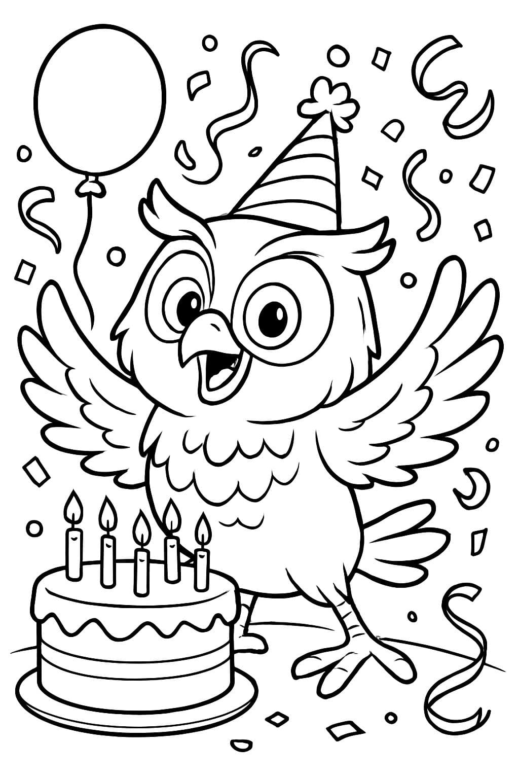 Un búho que está celebrando su cumpleaños con un pastel.