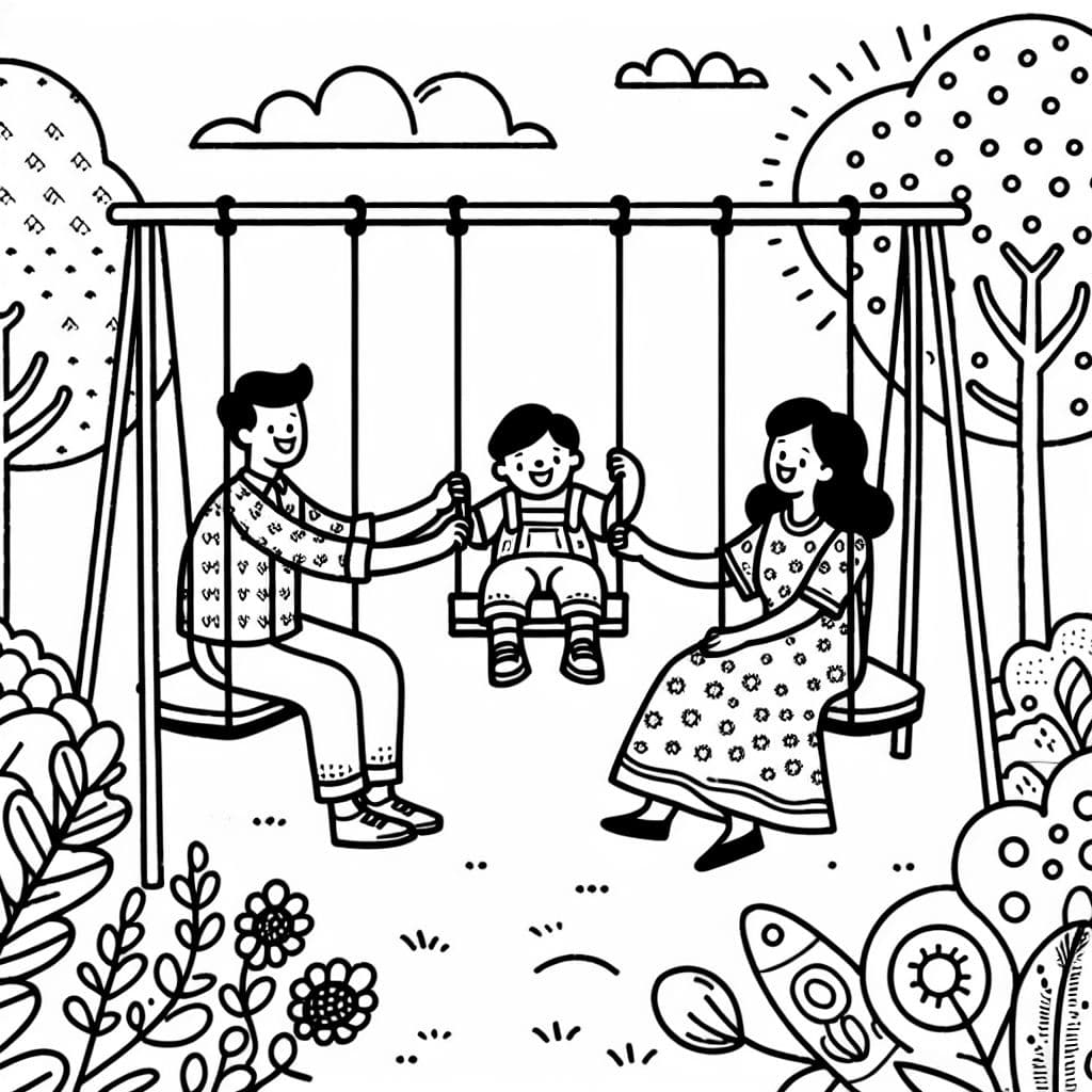 Un dibujo colorido de una familia balanceándose junta. El niño está sentado en el medio, disfrutando del columpio con sus padres.