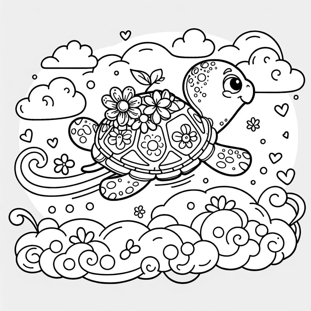 eine Schildkröte mit einem blumigen Panzer, die in den Wolken fliegt