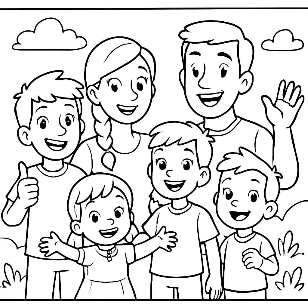 Foto de família com pai, mãe com trança, dois meninos grandes, uma menina pequena, um menino pequeno