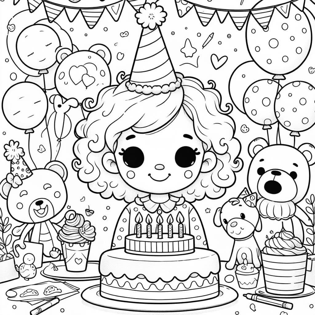 Geburtstagsfeier eines vierjährigen Mädchens mit lockigem Haar, umgeben von Tierluftballons und Kuchen.