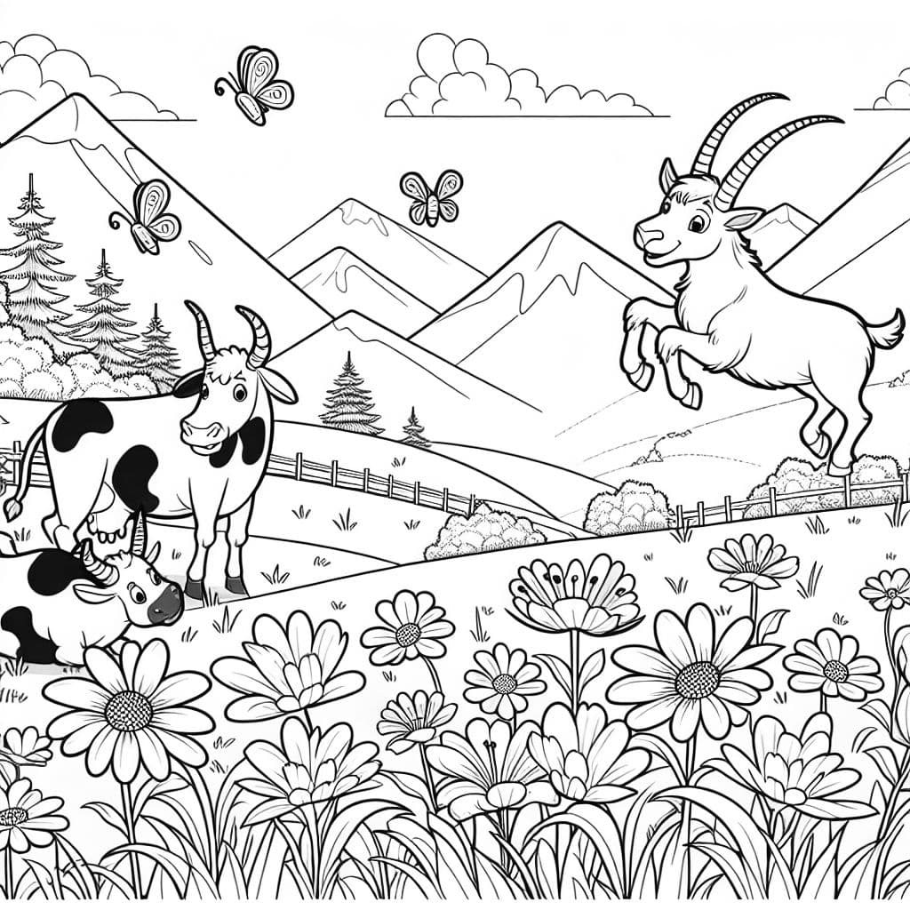 Paysage de montagne avec des vaches, des ibex et des fleurs