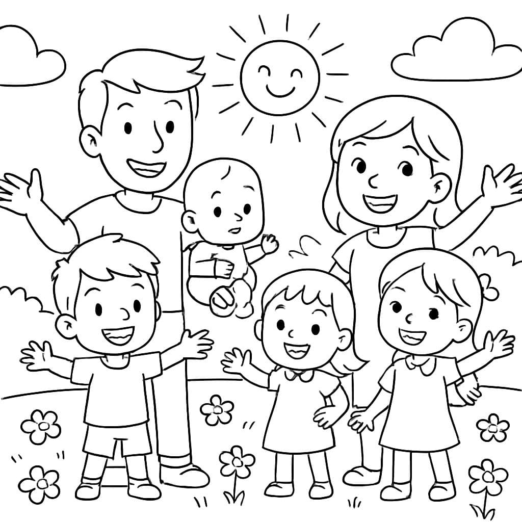 Una familia con madre, padre, hermana mayor, dos hermanos, una hermana pequeña y un bebé en un prado con flores y sol.