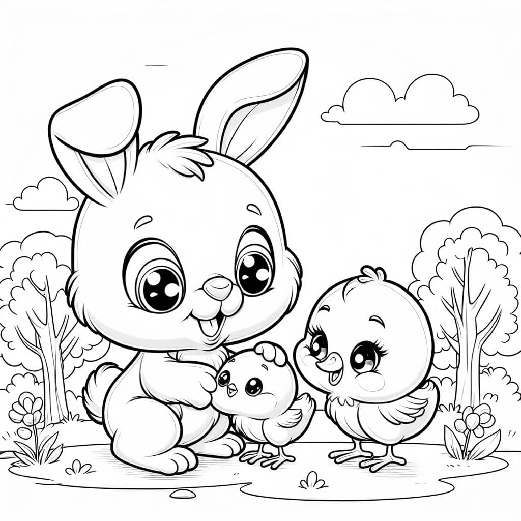 Un lindo conejito de Pascua colocando un pollito.