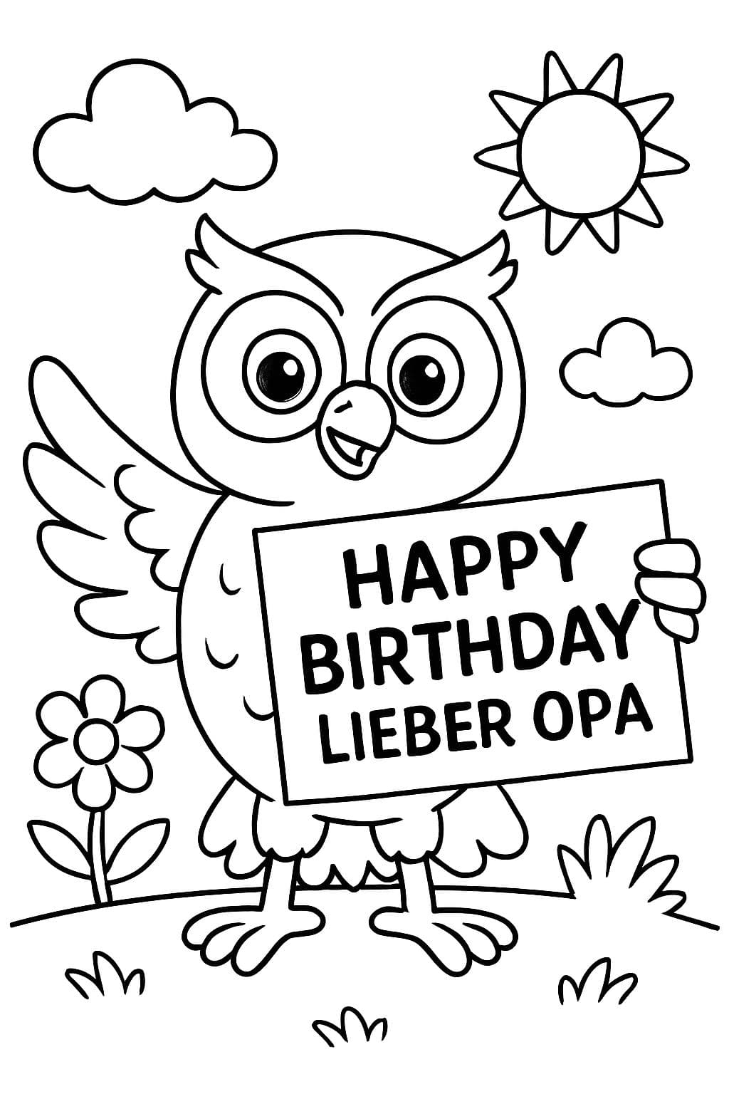 Búho sosteniendo un cartel que dice: Feliz cumpleaños querido abuelo