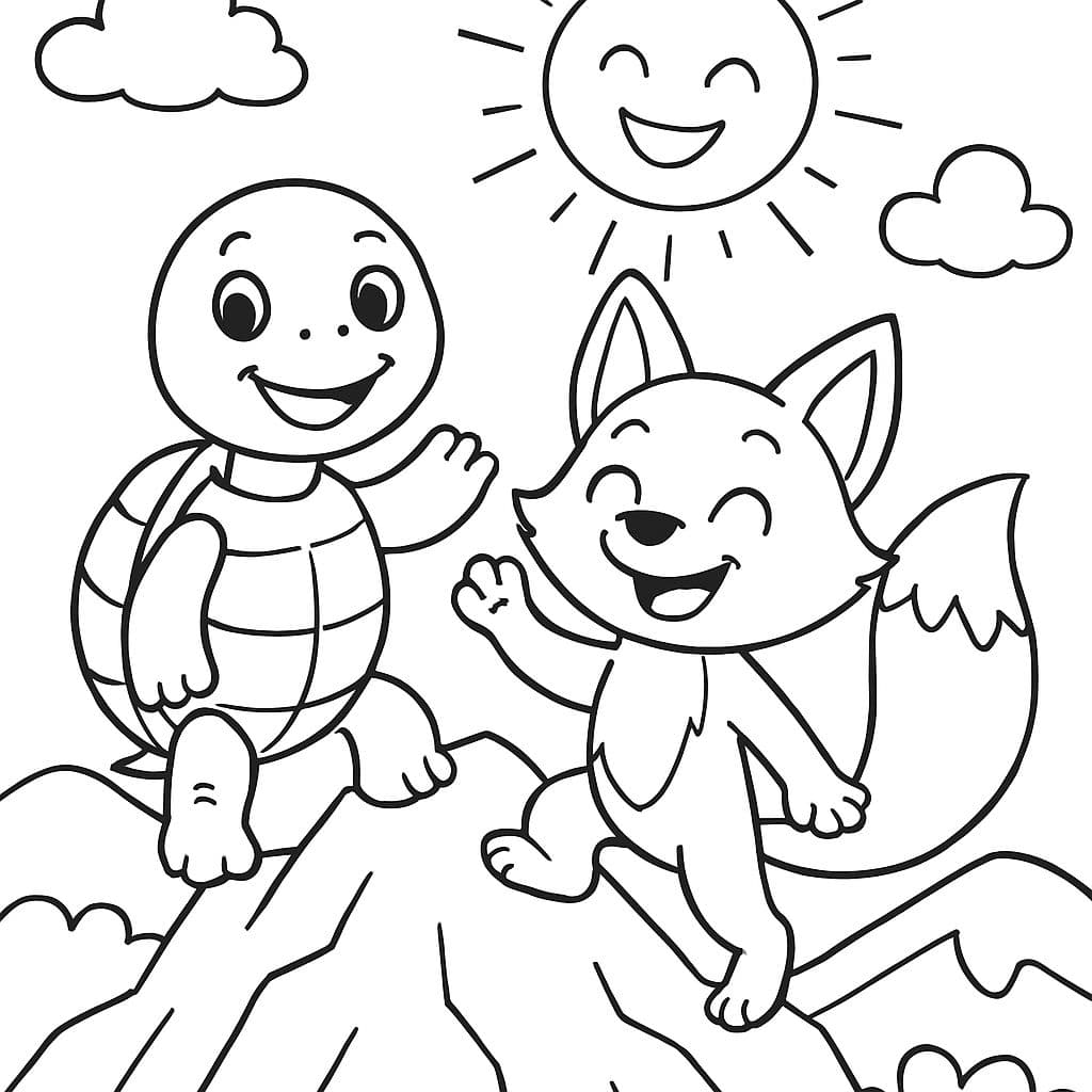 TORTUGA Y ZORRO FELICES EN LA CIMA DE LA MONTAÑA