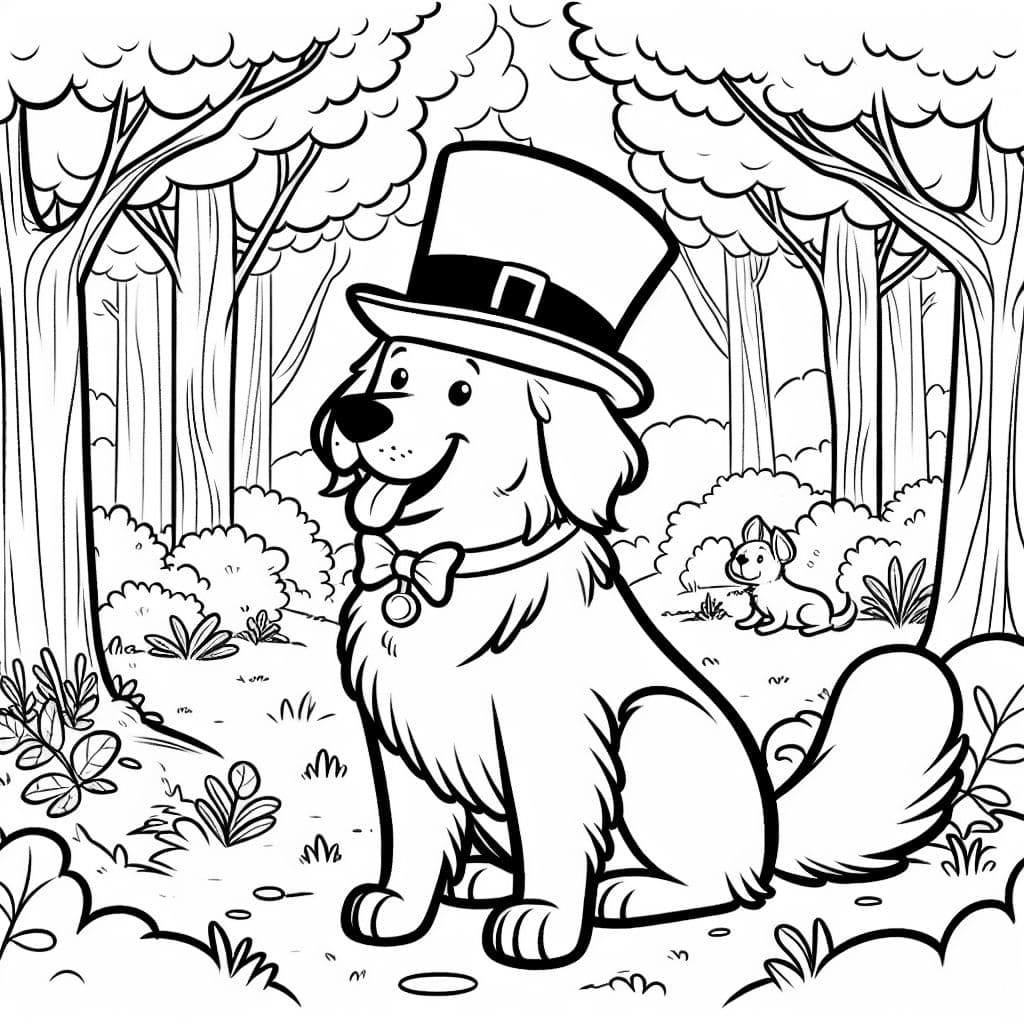 un golden retriever dans la forêt avec un chapeau haut de forme et un