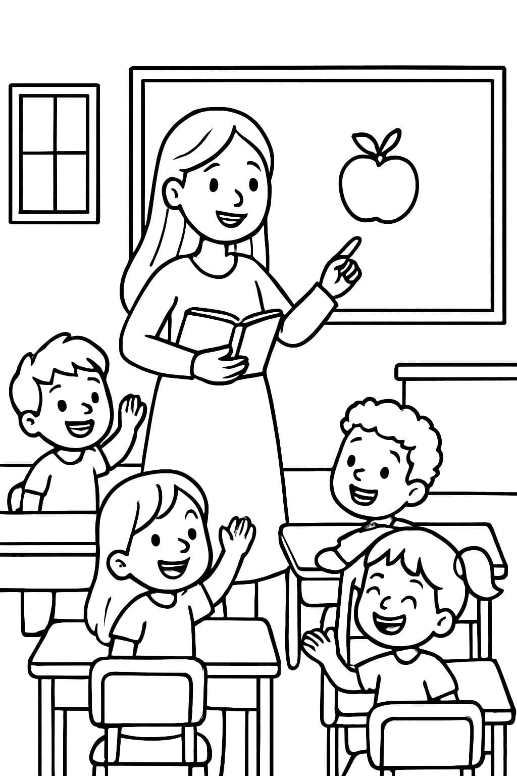 Eine Lehrerin mit langen Haaren, die lächelnd ihren Schülern und Schülerinnen in einem Klassenzimmer horizontal unterrichtet.