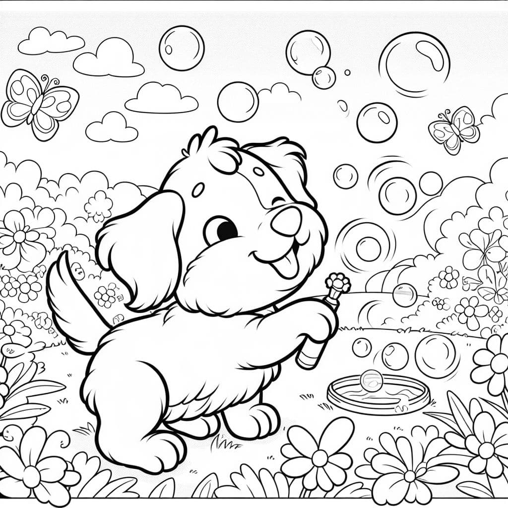 un perro con orejas caídas atrapando burbujas en el jardín