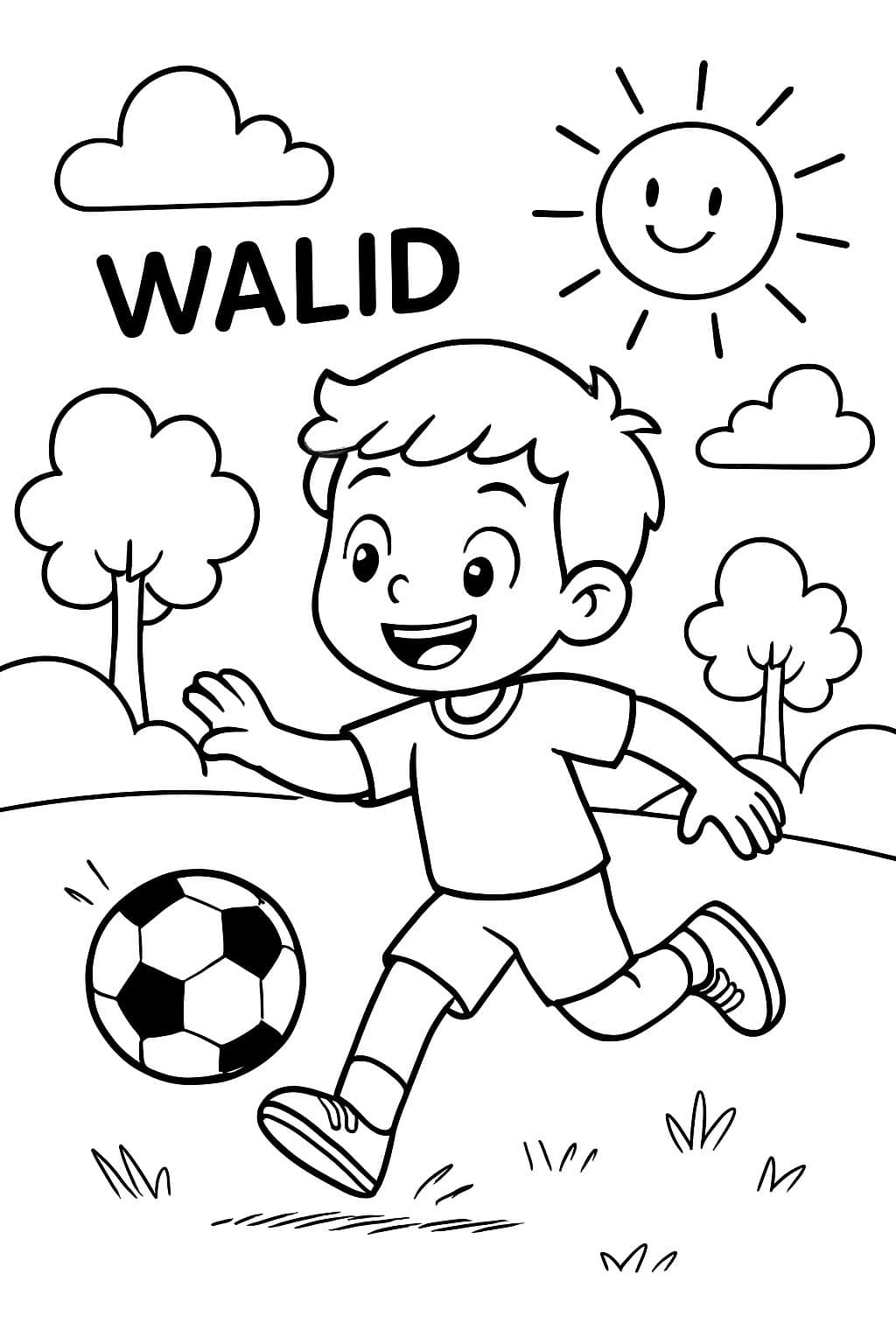 Un garçon joue au football et il y a le nom Walid sur l'image