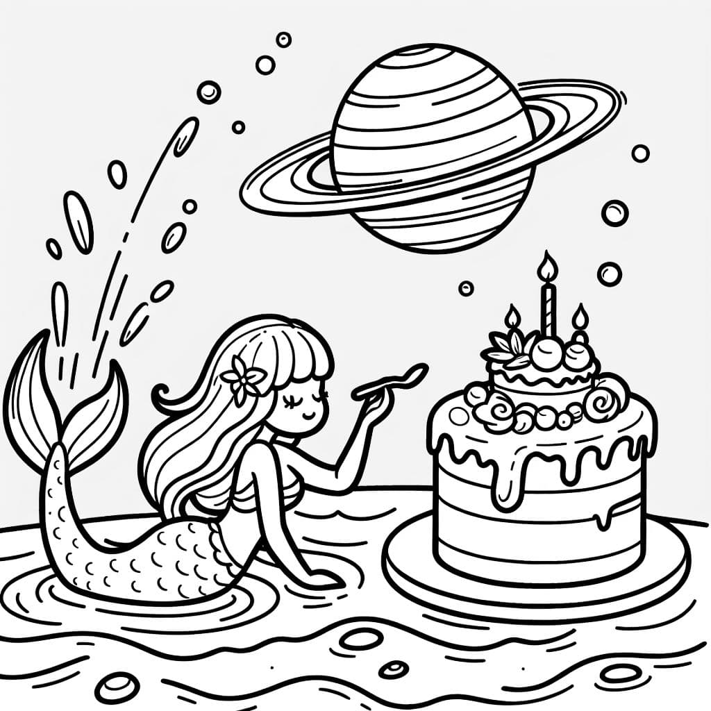 Eine Meerjungfrau mit Wasser und einem Kuchen auf Saturn.