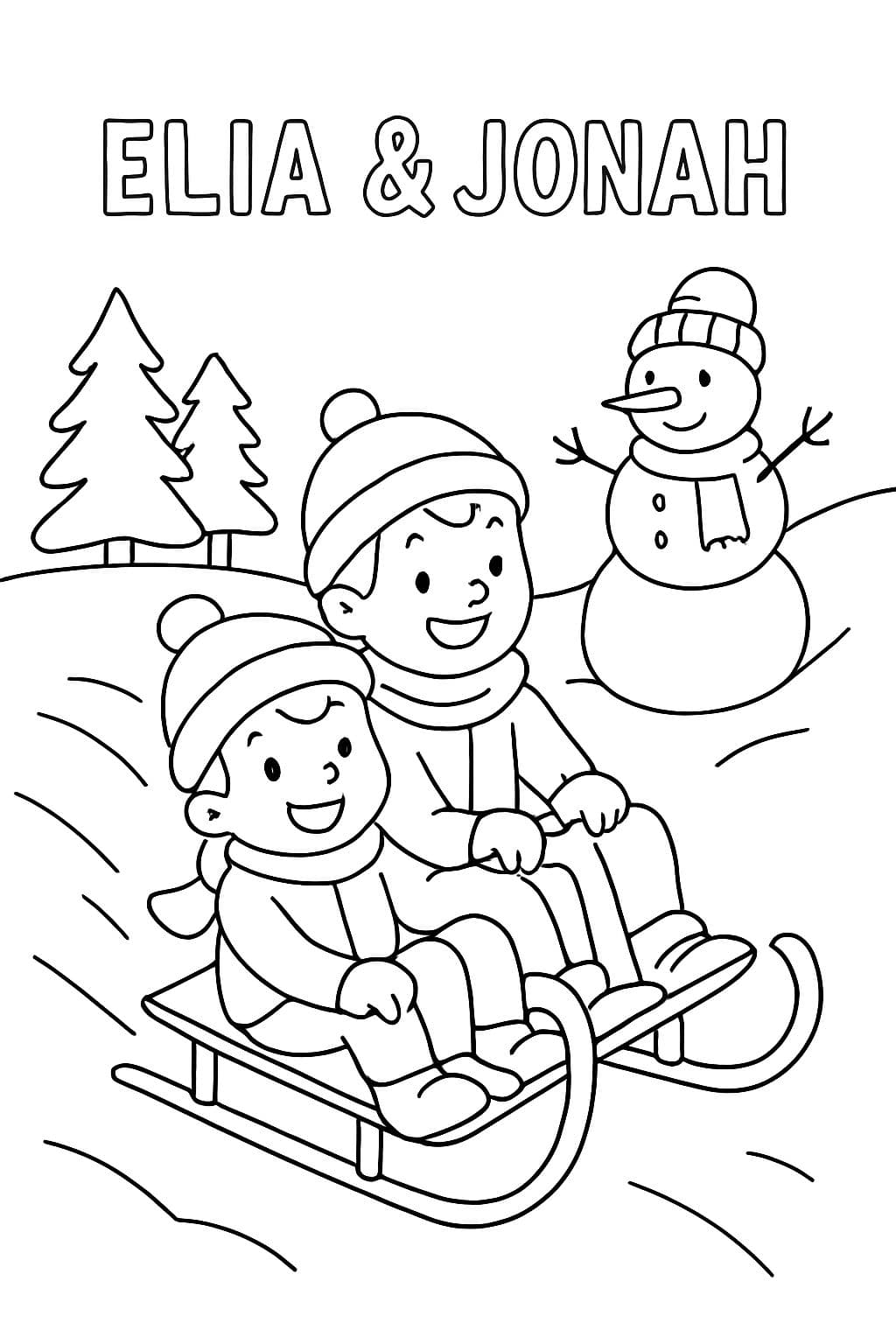 Un garçon de six ans descend une colline en traîneau avec son ami. En haut, l'inscription dit : "ELIA & JONAH". En arrière-plan, il y a un bonhomme de neige.