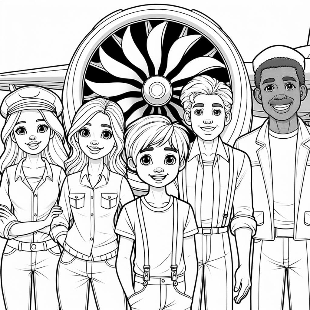 2 small women, 1 tall muscular boy, 2 medium sized slim men and a medium sized fatter older man in front of an airplane engine