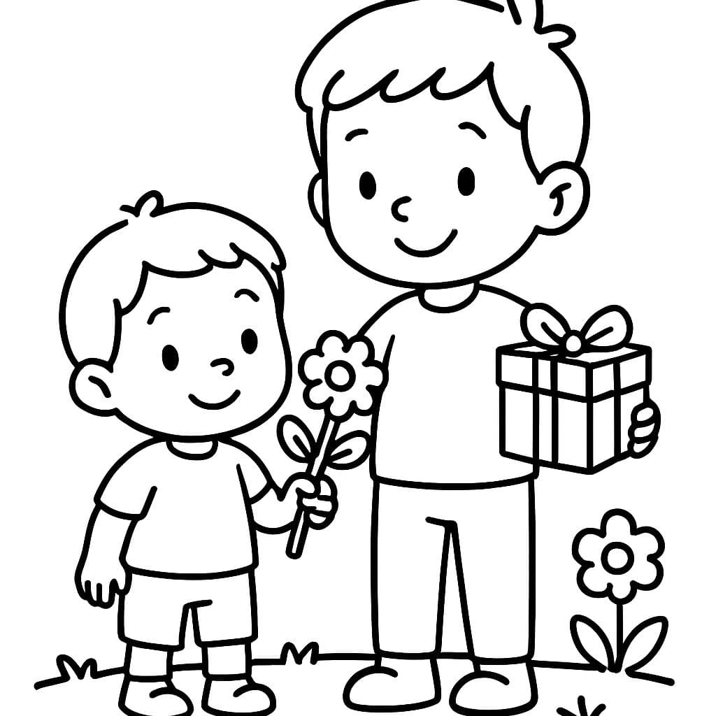 dos hermanos (2 y 3) con flores y un regalo en la mano
