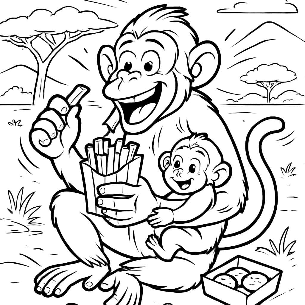 Un singe mange des frites et des nuggets de poulet en Afrique avec un bébé.