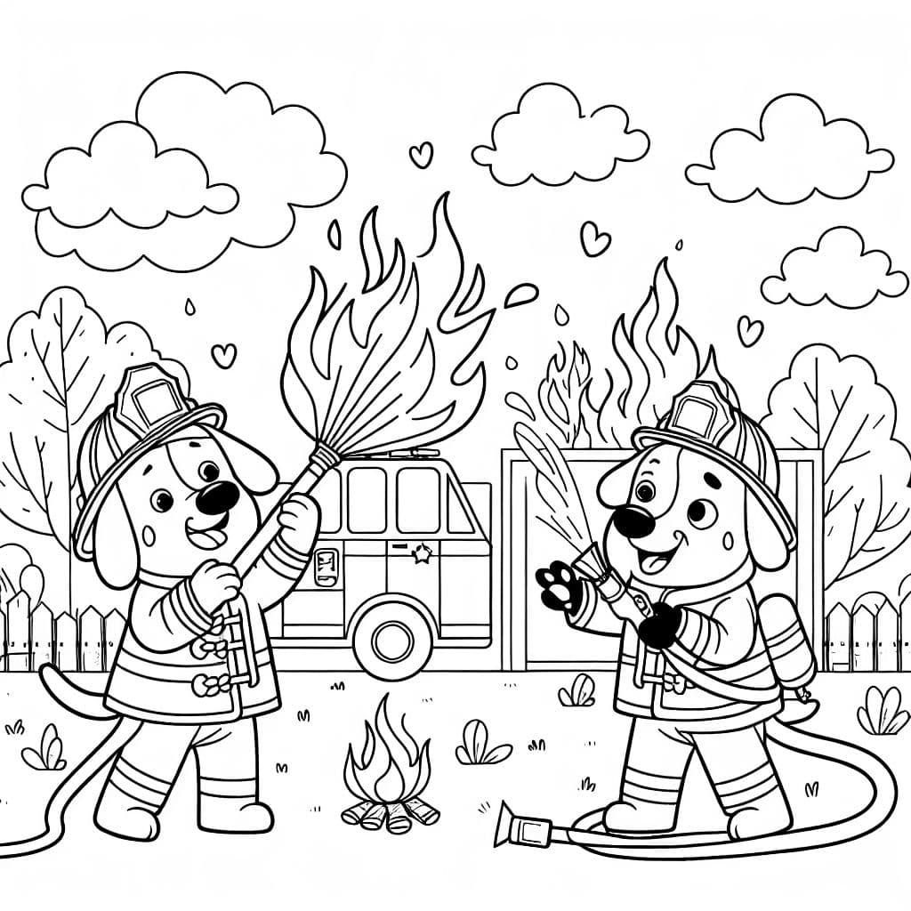 Un departamento de bomberos apagando un fuego. Los bomberos son perros.