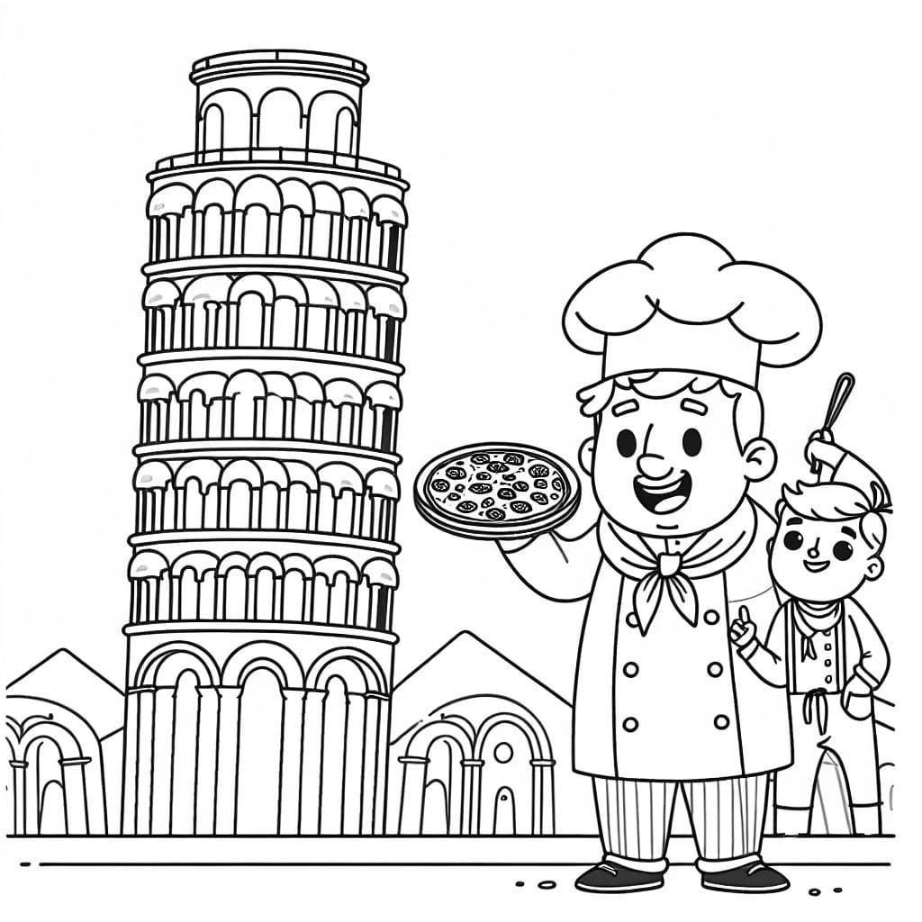 La tour penchée de Pise avec un homme vêtu comme un chef avec une pizza.