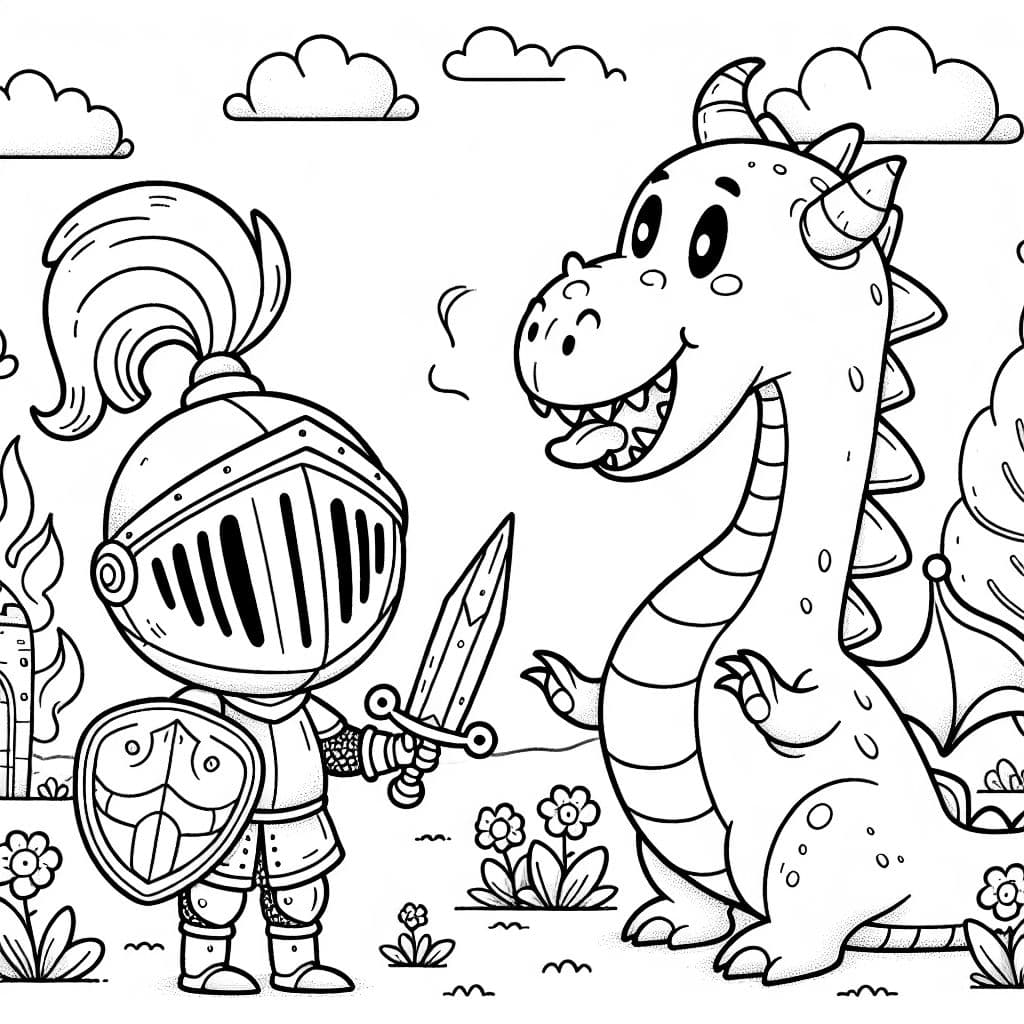 Un caballero luchando contra un dragón que respira fuego.