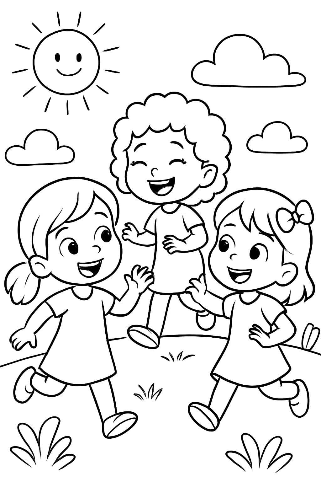 Tres niñas pequeñas de 5 años jugando juntas.