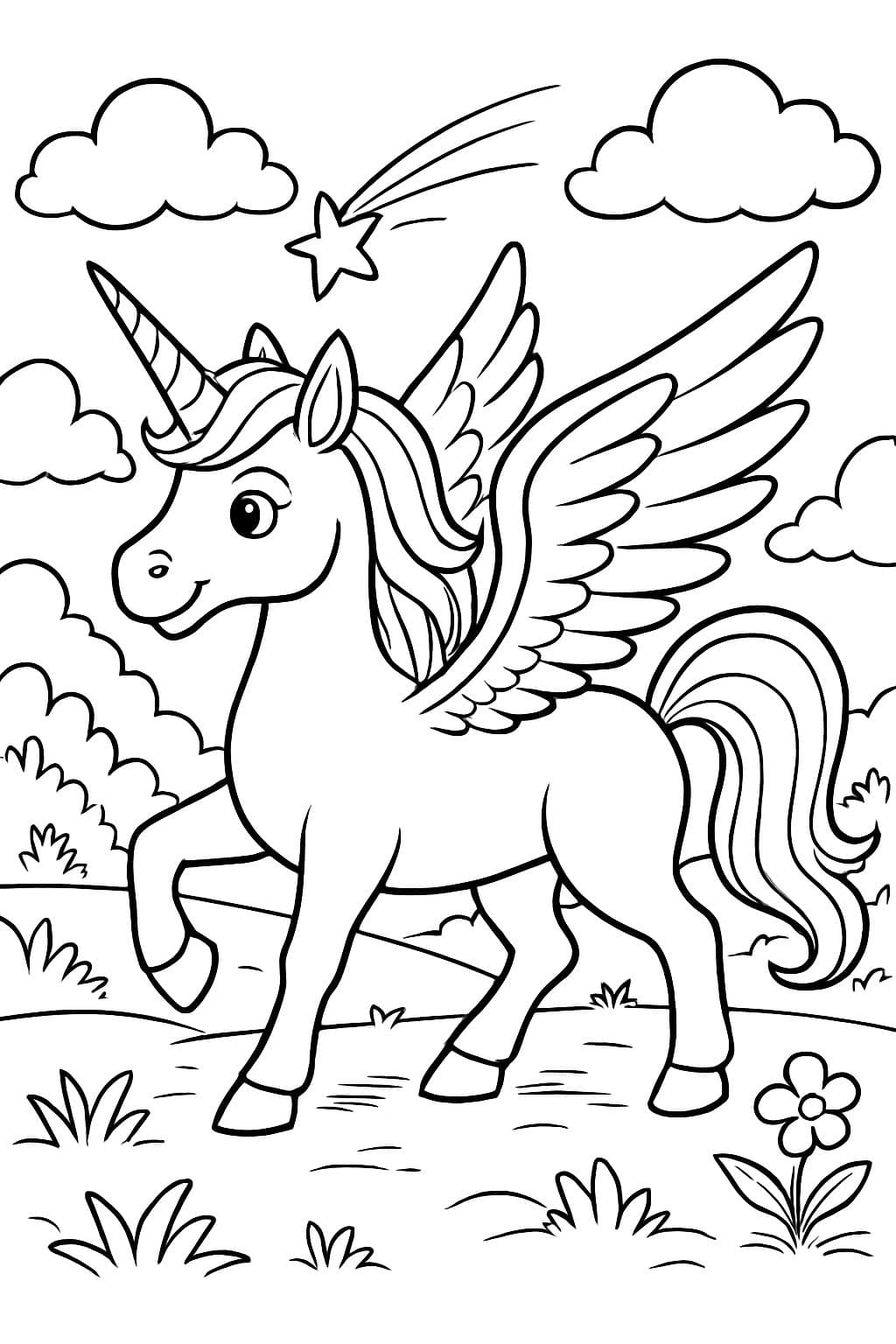 Unicornio de pie con alas vista lateral todas las patas en el suelo