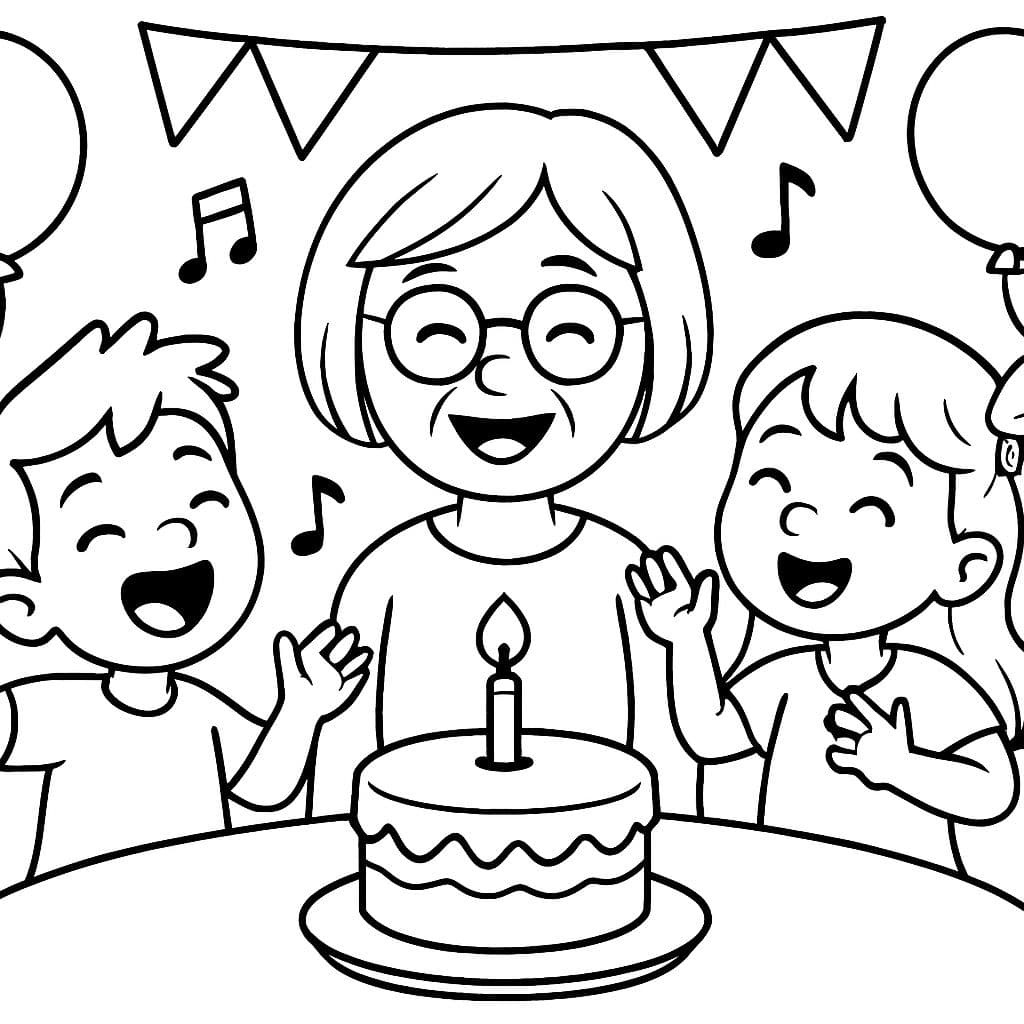 Niño y niña cantando feliz cumpleaños a su joven abuela que tiene un peinado bob corto.