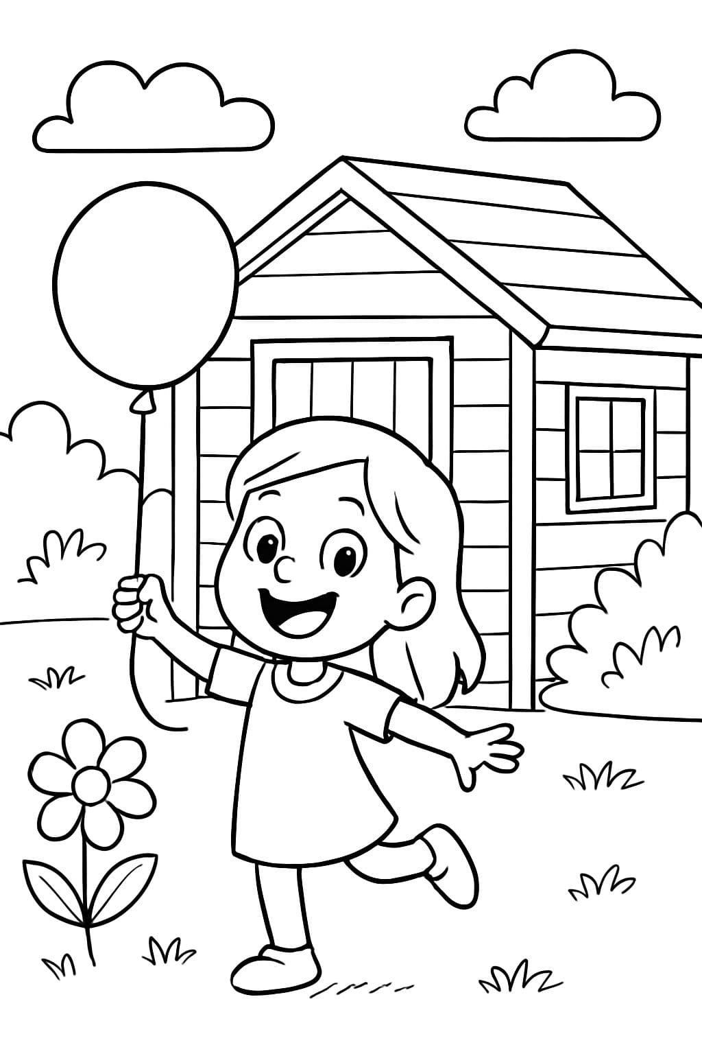 Un cobertizo con una niña pequeña sosteniendo un globo