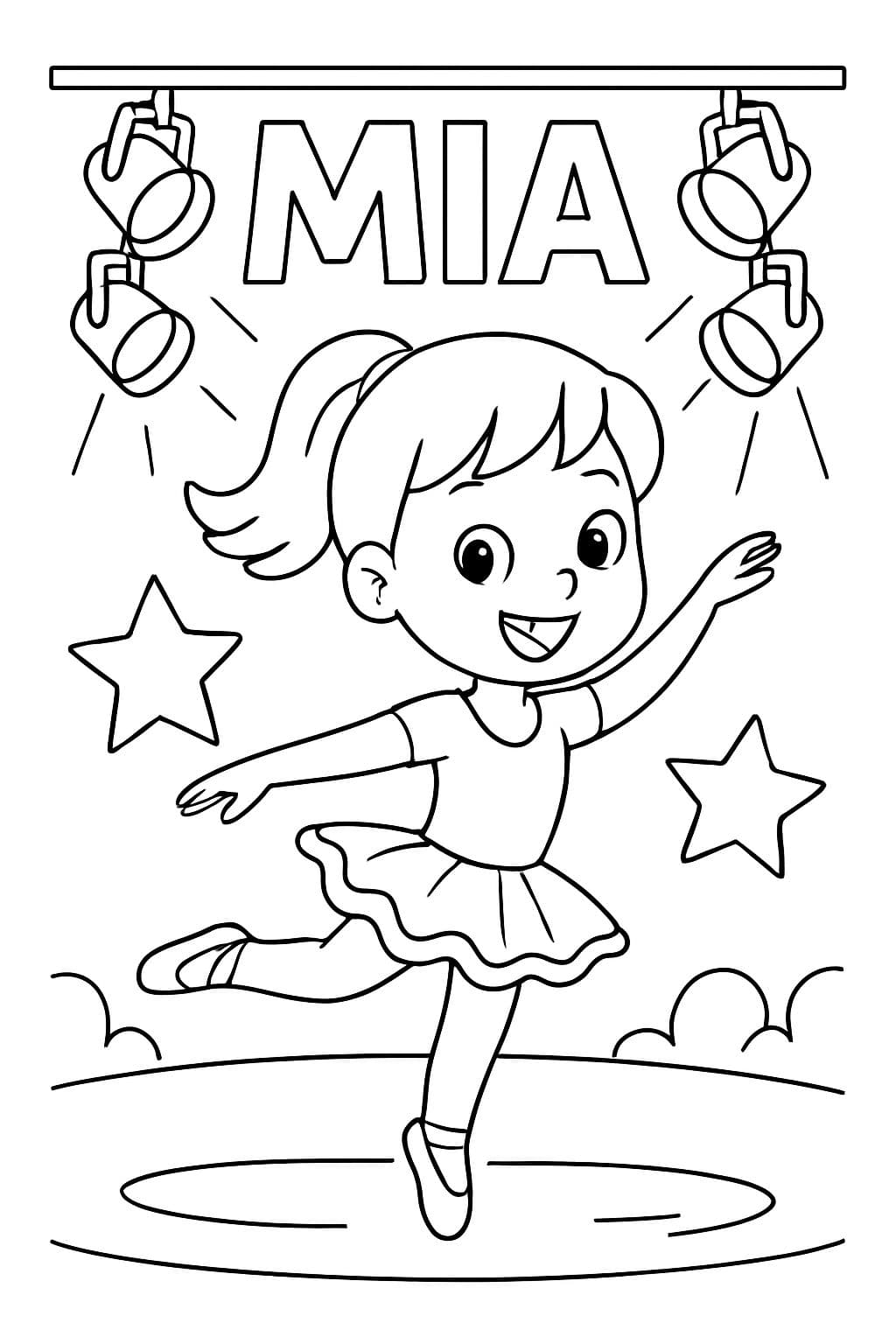 Ein Mädchen Tänzerin mit dem Namen Mia unter den Bühnenlichtern.