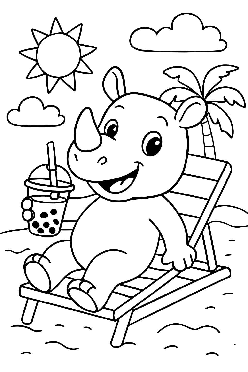 Un rhinocéros assis sur une chaise longue en train de boire du bubble tea