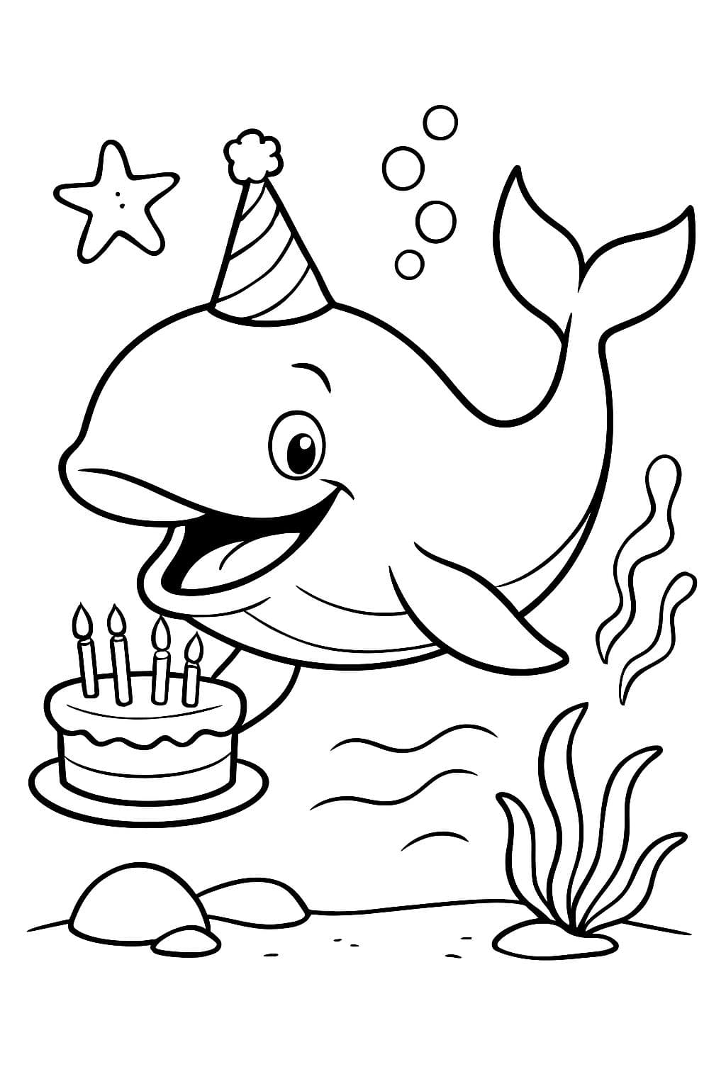 ballena realista con sombrero de cumpleaños y pastel