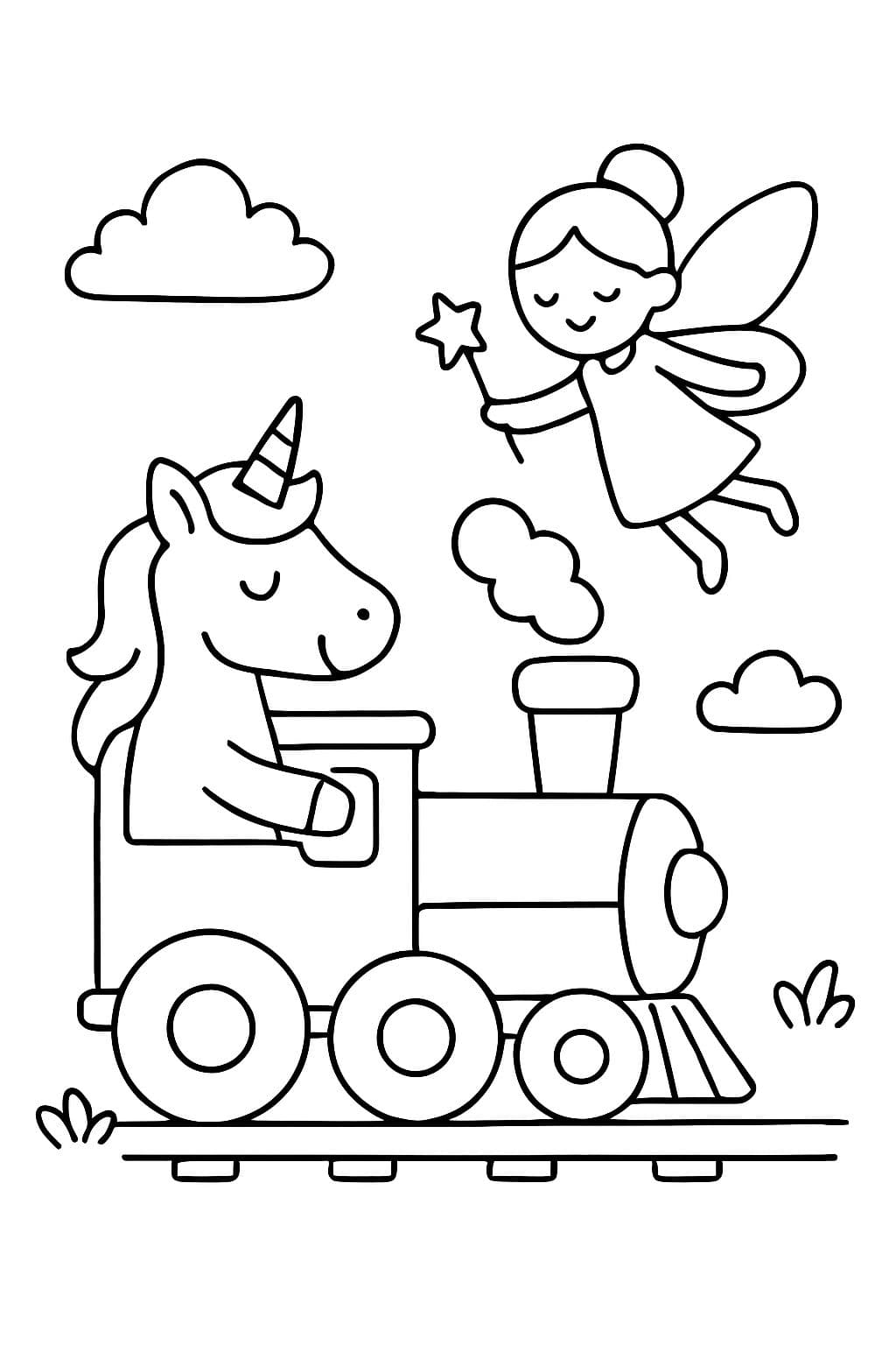 un unicornio que conduce una locomotora de hada
