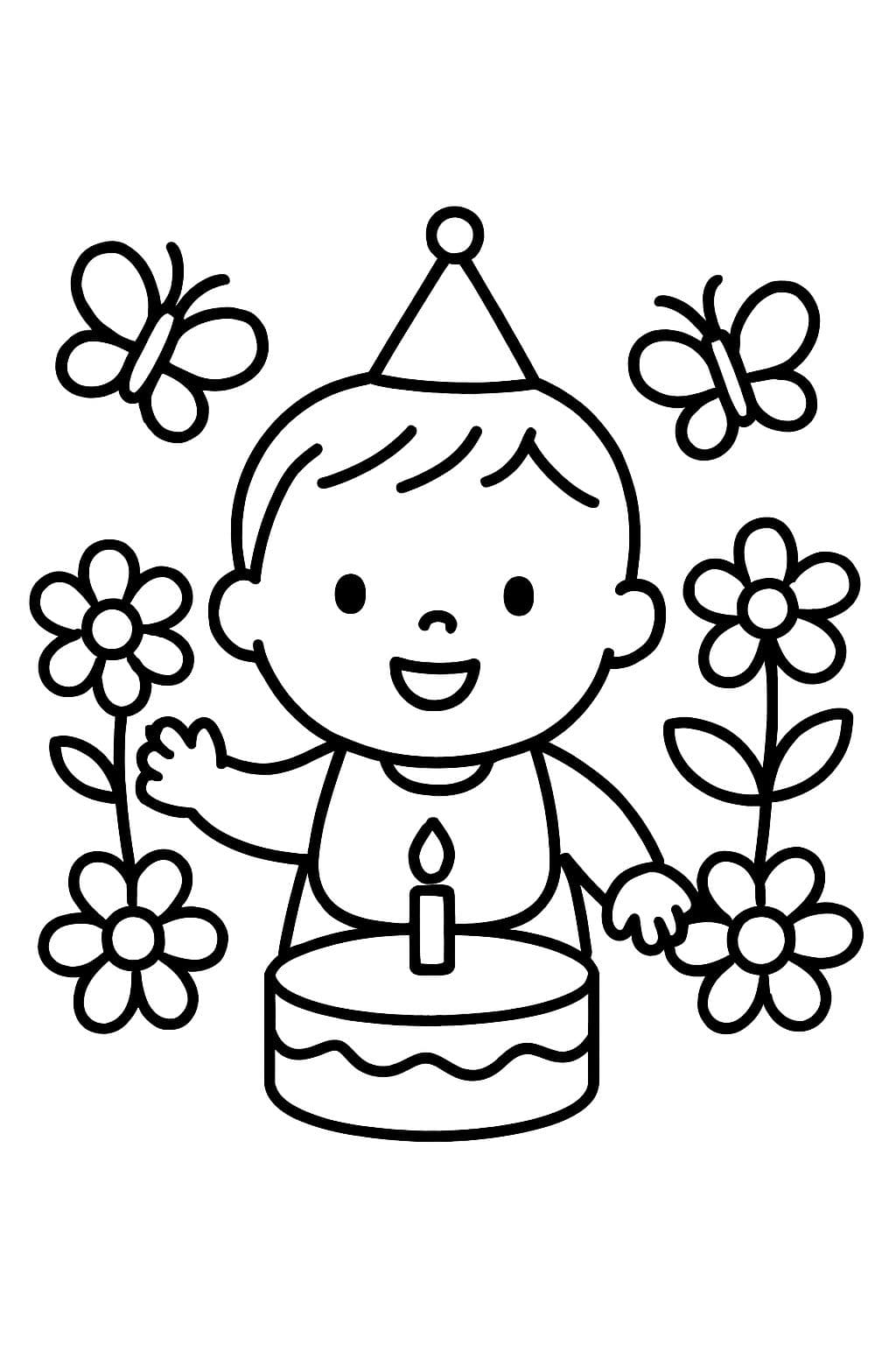 Un anniversaire de bébé avec des fleurs. Cheveux courts. Papillons.