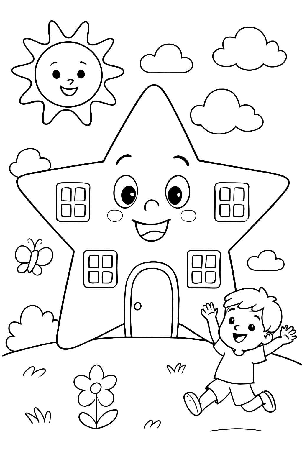 Una gran estrella con una puerta y cuatro ventanas