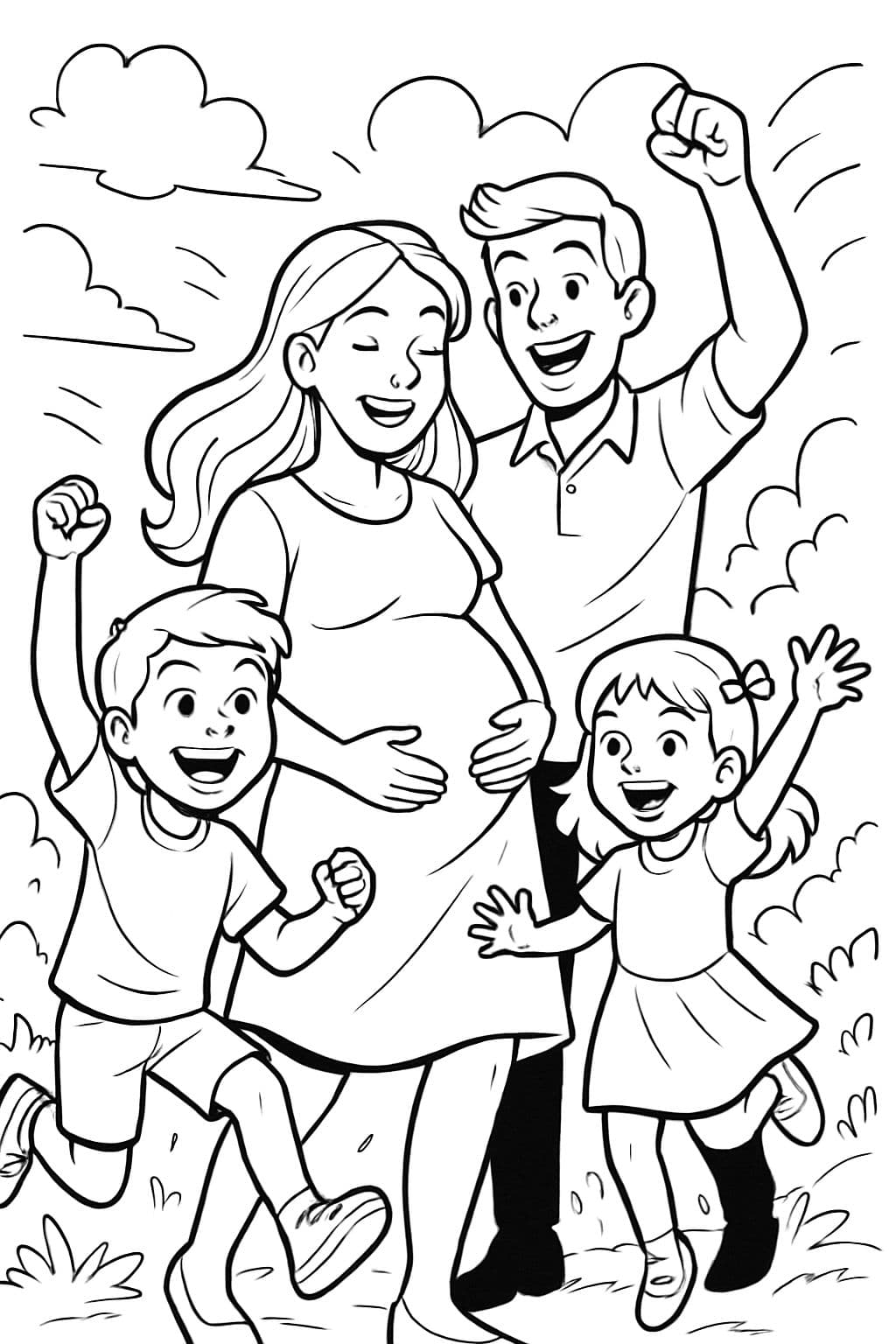 Familia: mamá embarazada + hermano mayor + hermana pequeña + papá