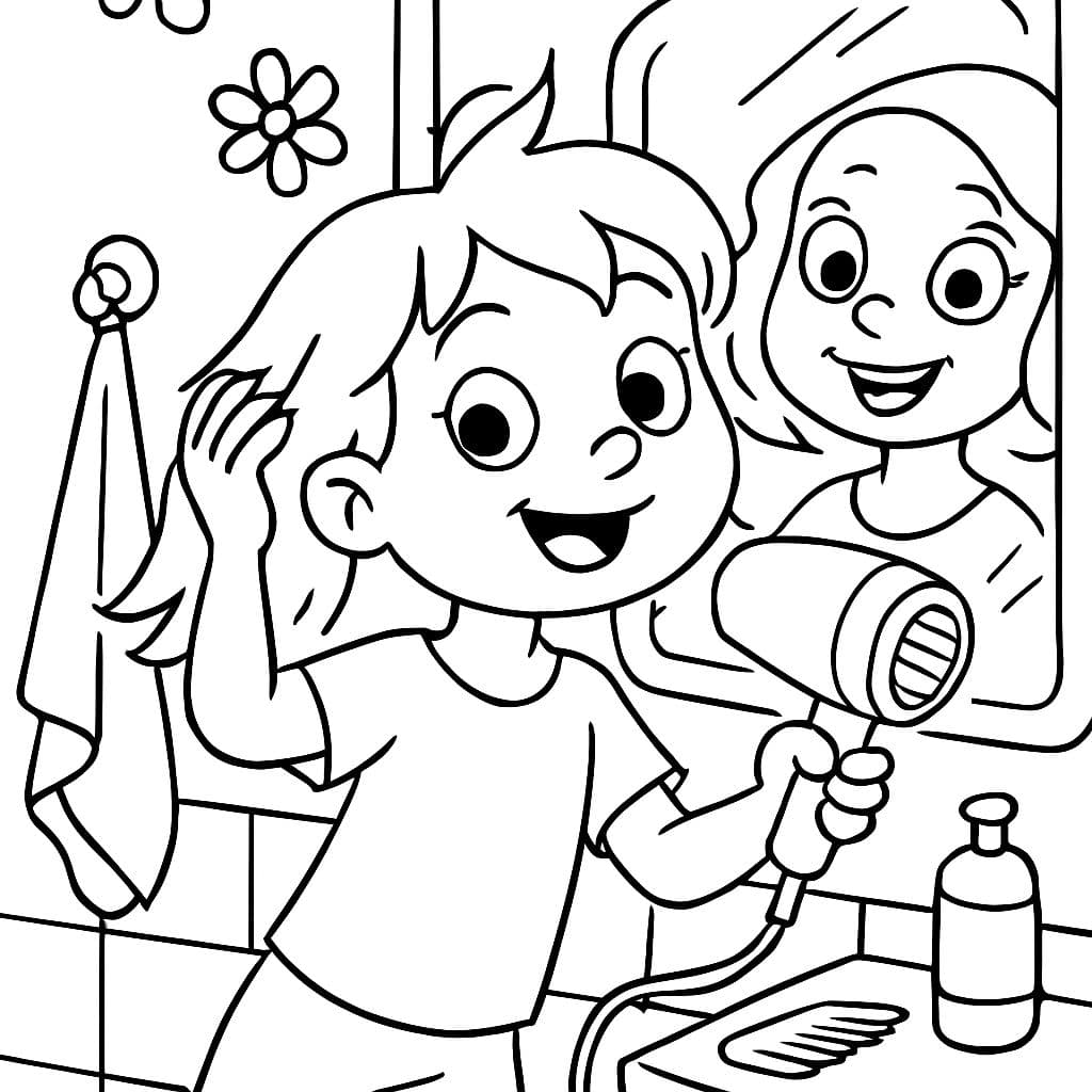 Ella se peina con el secador frente al espejo.