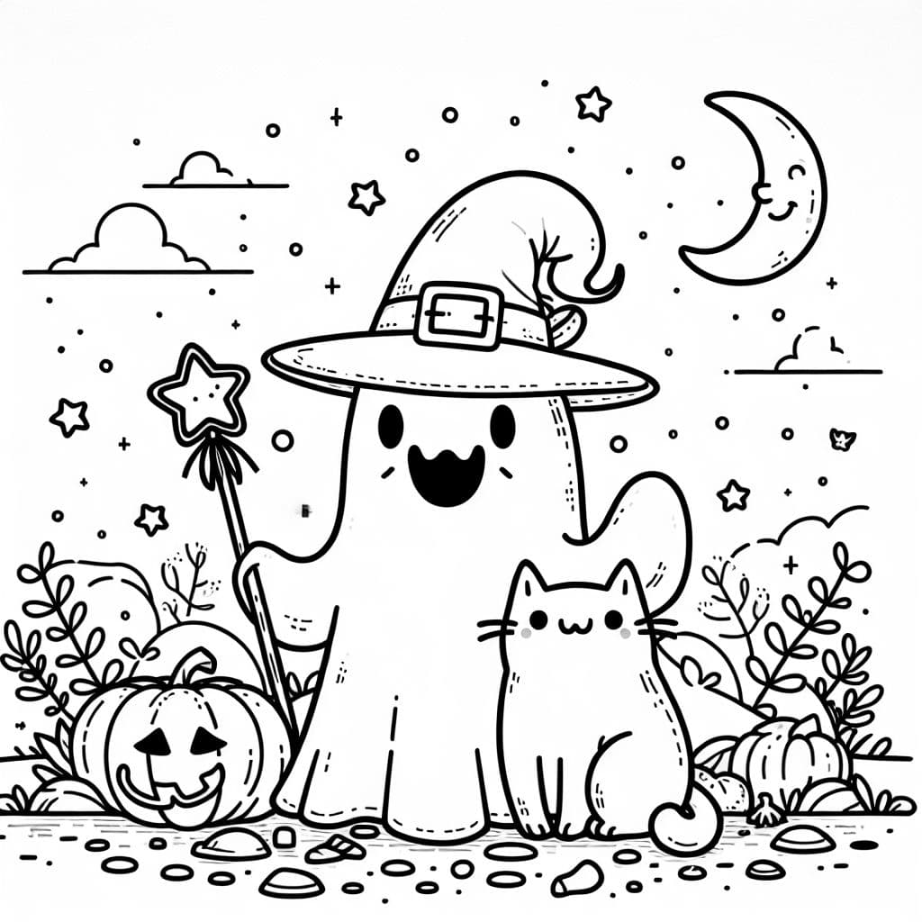 Geisterschlumpf mit Hexenhut und Katze und Zauberstab