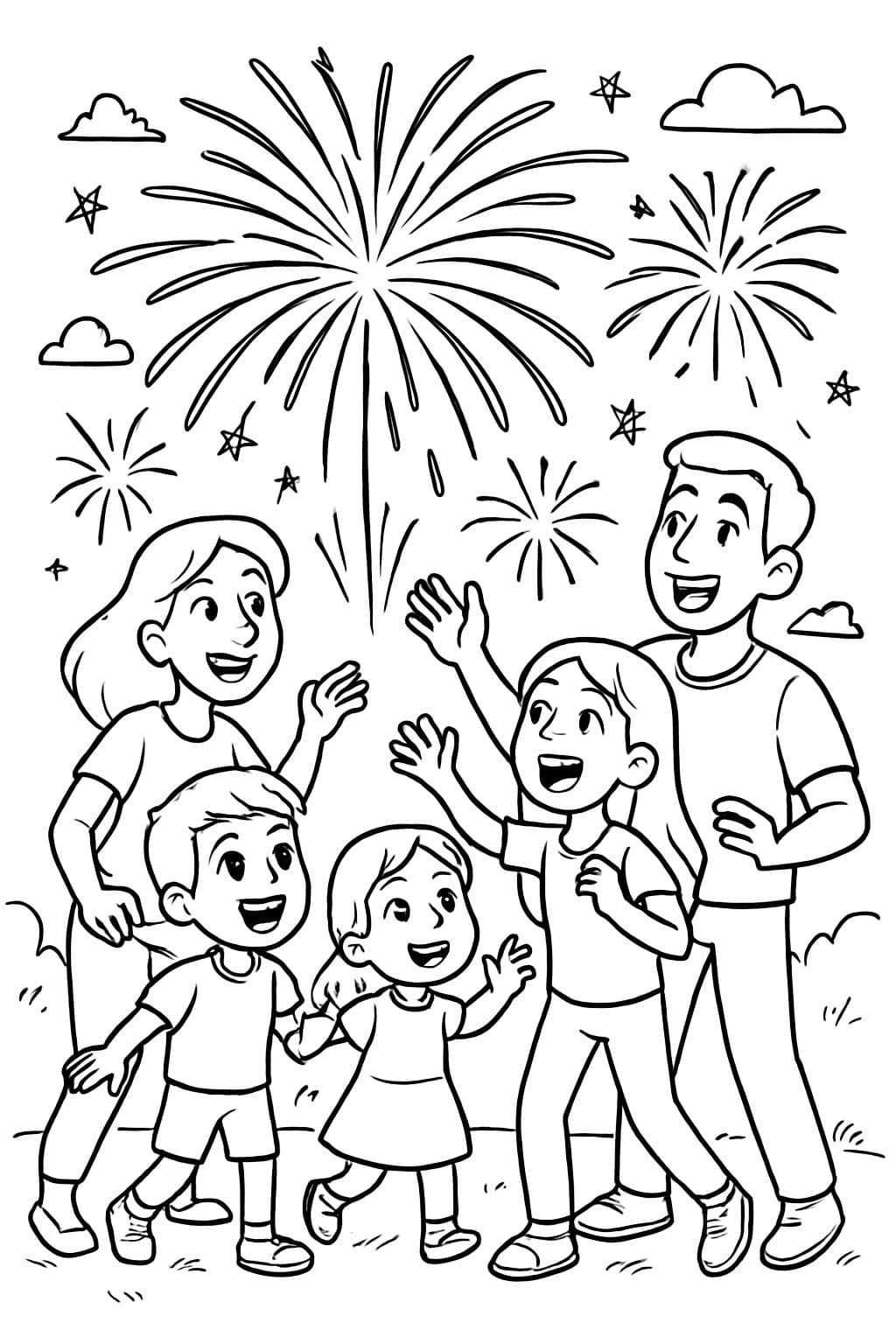 A firework display observed by a family with mom, dad, a teenage girl, a middle boy, and a little girl.