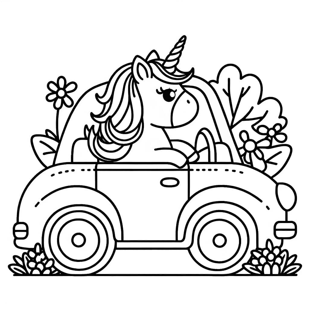 Unicornio en un auto con su cabeza fuera de la ventana.