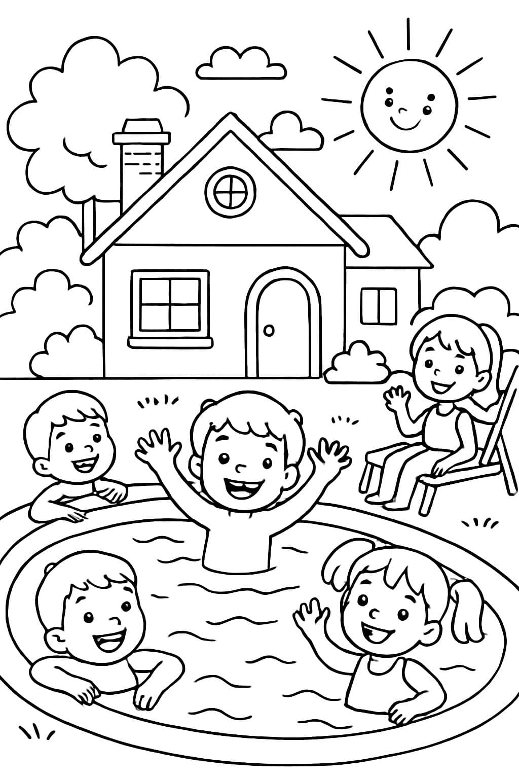 Casa con piscina, sol brillante, piscina llena de niños