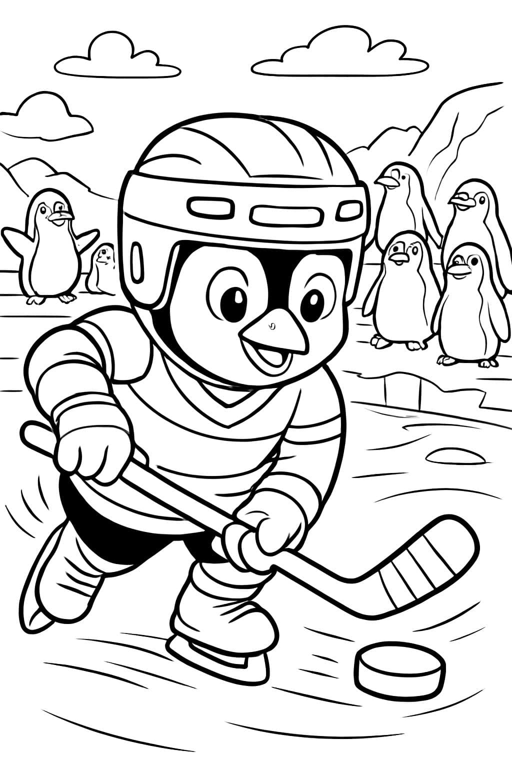 Un penguin mignon jouant au hockey sur glace et portant un équipement de hockey avec de nombreux pingouins en arrière-plan