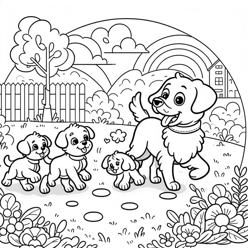 Perra mamá con cachorros siguiendo durante un paseo.