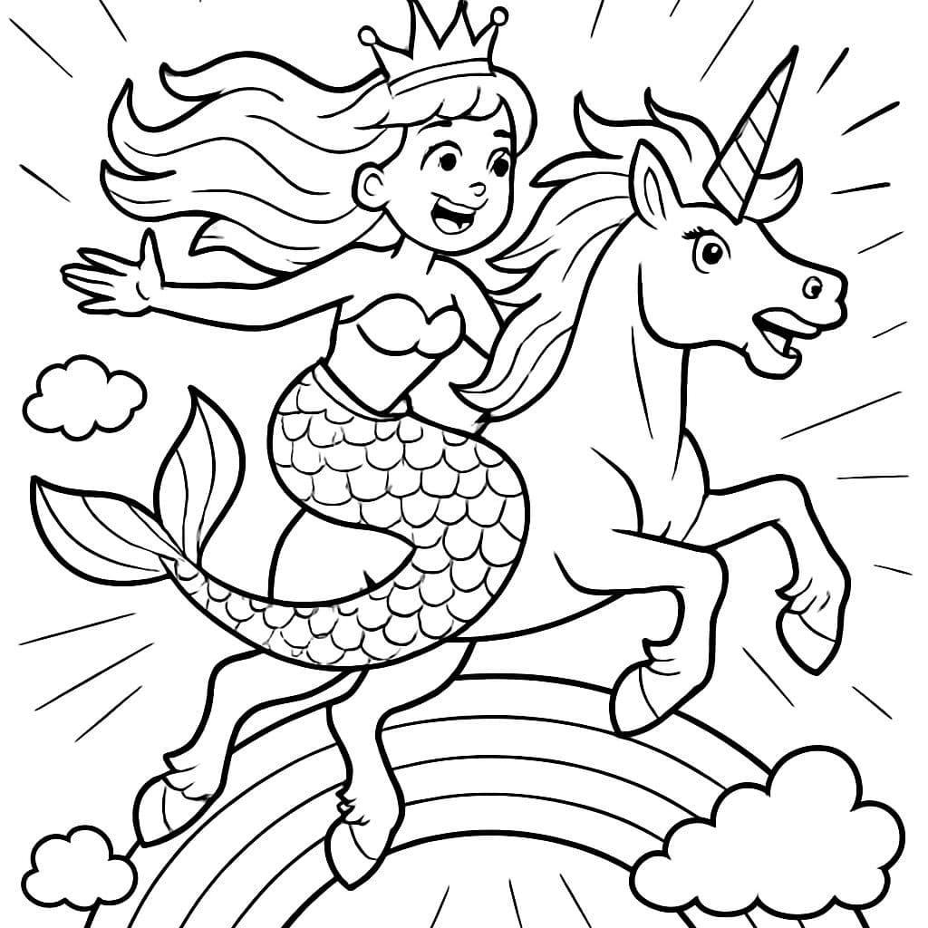 Meerjungfrau mit krone reitet auf einem Einhorn über einen Regenbogen