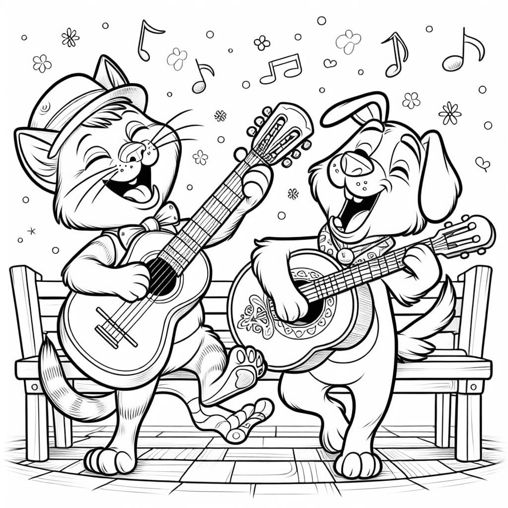 a cat playing the guitar and a dog playing a banjo